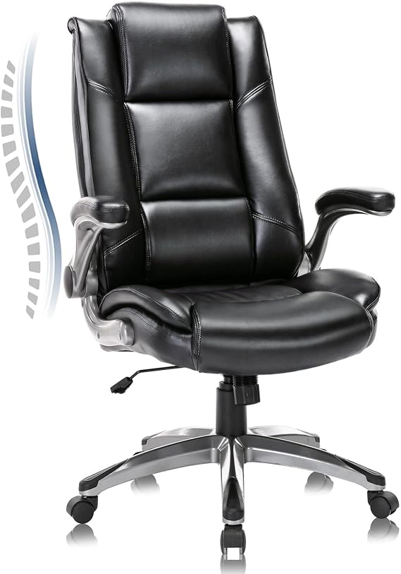 Leather Executive Office Chair - High Back Home Computer Desk Chair with Padded Flip-up Arms, Adjustable Tilt Lock, Swivel Rolling Ergonomic Chair for Adult