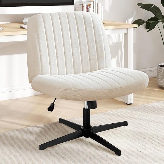 Horshod Criss Cross Chair, Cross Legged Office Chair, Wide Comfty Desk Chair, No Wheels Armless Computer Task Chair, Swivel Fabric Vanity Home Chair, Height Adjustable