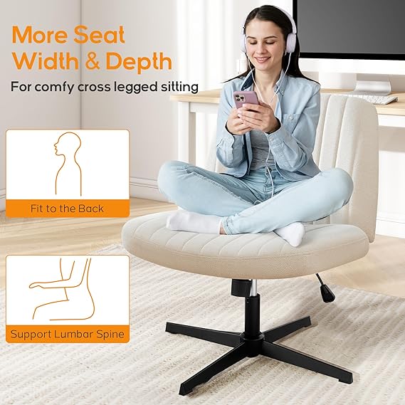 Horshod Criss Cross Chair, Cross Legged Office Chair, Wide Comfty Desk Chair, No Wheels Armless Computer Task Chair, Swivel Fabric Vanity Home Chair, Height Adjustable