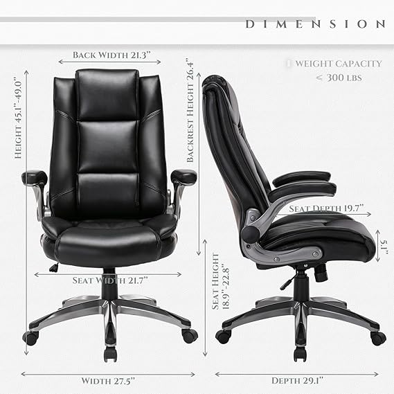 Leather Executive Office Chair - High Back Home Computer Desk Chair with Padded Flip-up Arms, Adjustable Tilt Lock, Swivel Rolling Ergonomic Chair for Adult