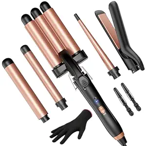 5 in 1 Wand Curling Iron-Kinked Curling Wand Set with Flat Iron Hair Straightener, 3 Barrels Hair Crimper, 3 Ceramic Curling Irons