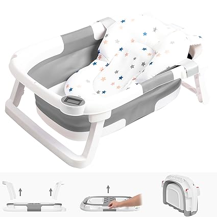 Baby Bath Tub with Soft Cushion & Thermometer,Baby Bathtub Newborn to Toddler 0-36 Months