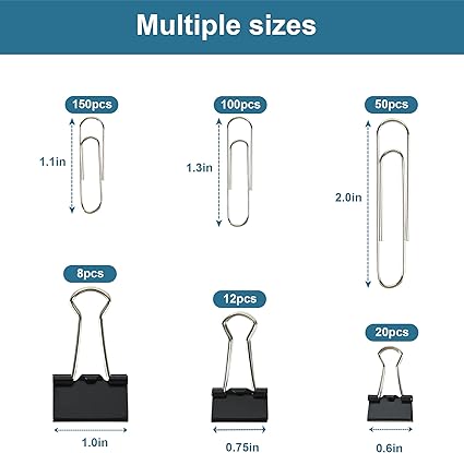 Binder Clips Paper Clips Assorted Sizes, 340pcs Black Binder Clips Jumbo Paperclips Set, Large Paper Clips for Office, School Supplies