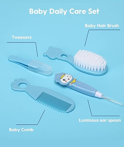 Baby Healthcare and Grooming Kit, with Hair Brush Comb, Nail Clipper, Thermometer, Pacifier Clip, Nasal Aspirator for Newborn Infant Baby Girls Boys (Blue)