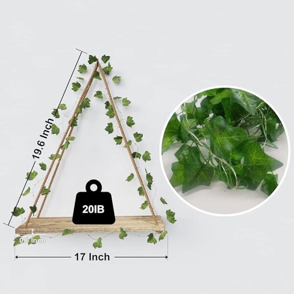 Artificial Ivy LED-Strip Wall Hanging Shelves Set of 2, Macrame Shelf for Bedroom Bathroom Living Room Kitchen, Wood Hanging Plant Shelves for Wall Décor