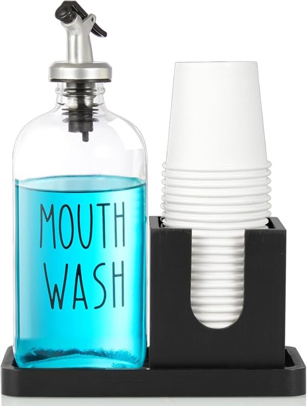 Mouthwash Dispenser for Bathroom, 16 OZ Glass Mouthwash Dispenser with Pour Spout and Wood Cup Holder and Tray,