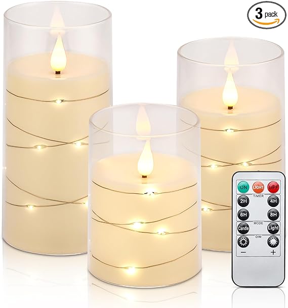 Flickering Flameless Candles, Battery Operated Candles, Recessed String Light LED Candles, Unbreakable Plexiglass Candles with Remote Timer, 3D Flame Set