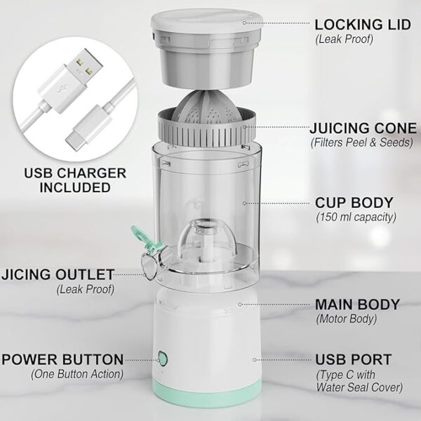 Electric Juicer Rechargeable, Portable Orange Citrus Juicer Machines with USB and Cleaning Brush