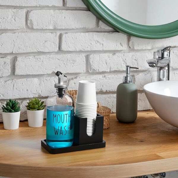 Mouthwash Dispenser for Bathroom, 16 OZ Glass Mouthwash Dispenser with Pour Spout and Wood Cup Holder and Tray,