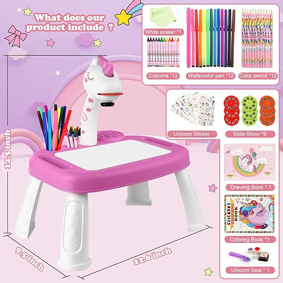 Drawing Projector for Kids, Drawing Board with Music, Color Pens, Pencils,, Ideal Toy for 3+ Year Old Girls & Boys