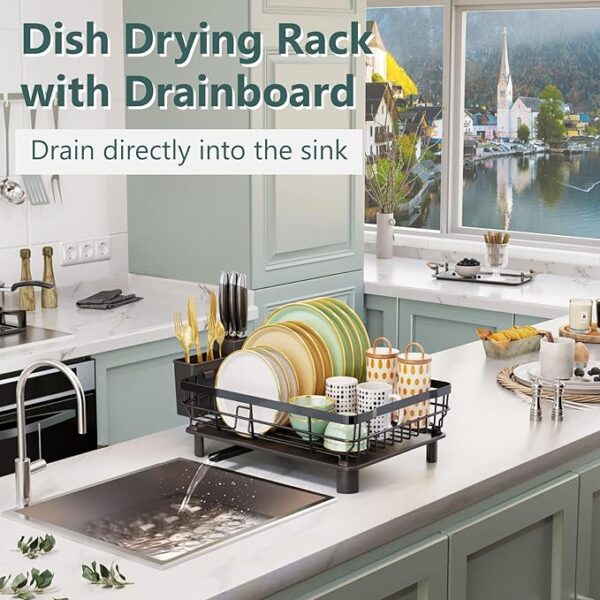 Iron Dish Drying Rack with Drainboard Dish Drainers for Kitchen Counter Sink Adjustable Spout Dish