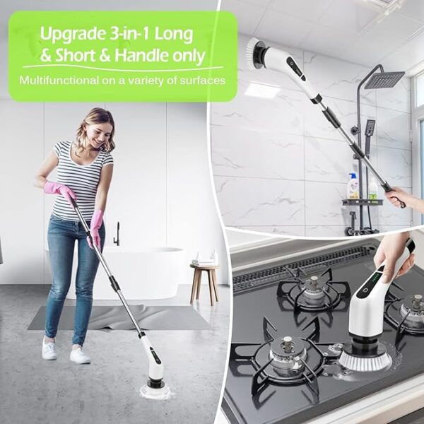 Electric Spin Scrubber, Cordless Bathroom Tub Scrubber with Long Handle & 7 Replaceable Cleaning Heads, Extension as Short Handle, Portable Power Shower Brush Household Tools for Tile Floor