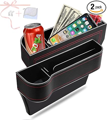 Car Seat Gap Filler Organizer, 2 Pack Multifunctional Car Seat Organizer, Auto Console Side Storage Box with Cup Holders 2 Seat Hooks for Drink,