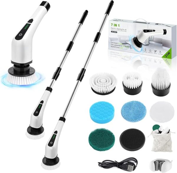 Electric Spin Scrubber, Cordless Bathroom Tub Scrubber with Long Handle & 7 Replaceable Cleaning Heads, Extension as Short Handle, Portable Power Shower Brush Household Tools for Tile Floor