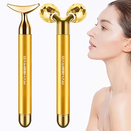 2-IN-1 Electric Face Massager Roller 24k Golden Face Roller, 3D Roller and Unique Crescent Shape Facial Roller Massager Kit Arm Eye Nose Massager