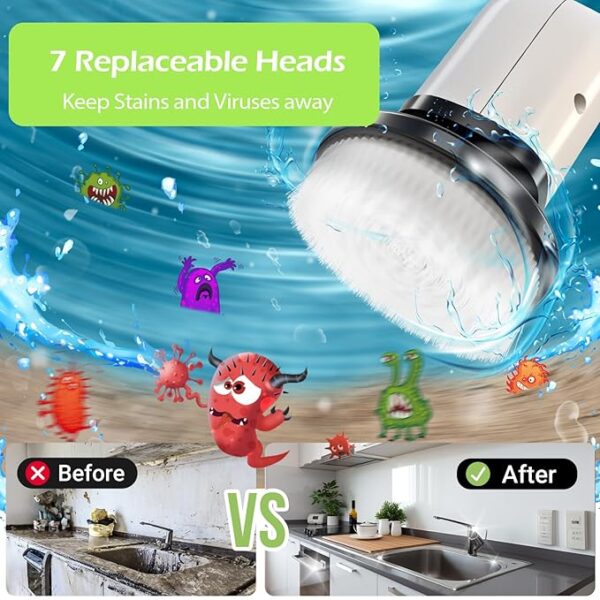 Electric Spin Scrubber, Cordless Bathroom Tub Scrubber with Long Handle & 7 Replaceable Cleaning Heads, Extension as Short Handle, Portable Power Shower Brush Household Tools for Tile Floor