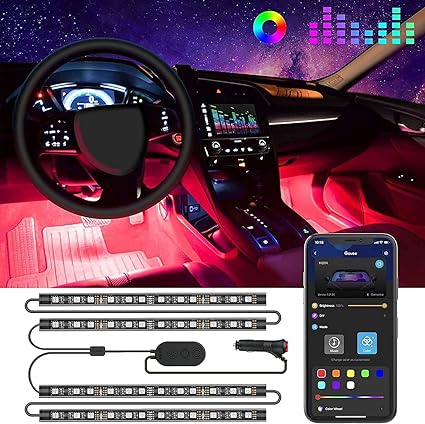 Car LED Lights, Smart Interior Lights with App Control, RGB Inside Car Lights with DIY Mode and Music Mode, 2 Lines Design for Cars with Car Charger, DC 12V