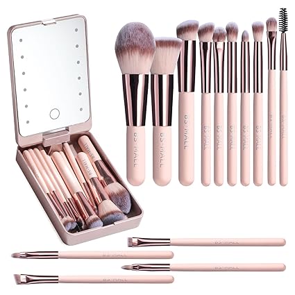 ravel Makeup Brush Set Foundation Powder Concealers Eye Shadows Makeup Set with LED light Mirror 14 Pcs Mini Makeup Brushes