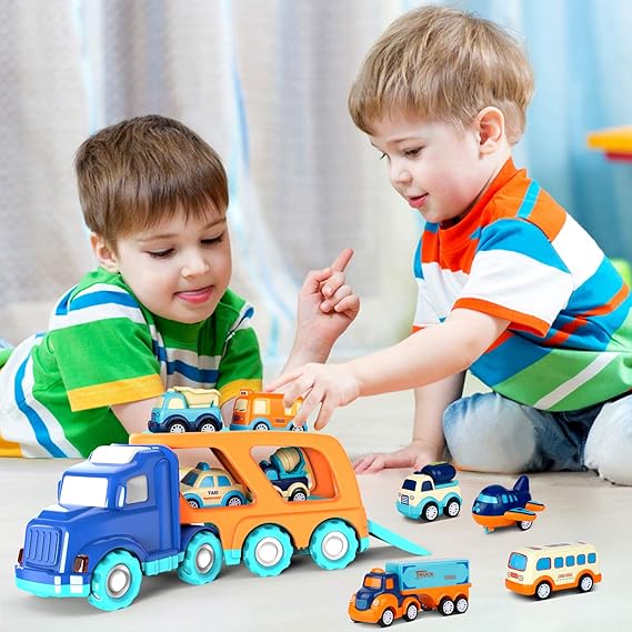 9 Pack Cars Toys for 2 3 4 5 Years Old Toddlers Boys & Girls Gift Back Trucks, Carrier Truck with Sound & Light 13.5 * 5.5 inch, 2.5 *1.6 inch