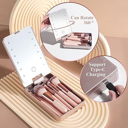 ravel Makeup Brush Set Foundation Powder Concealers Eye Shadows Makeup Set with LED light Mirror 14 Pcs Mini Makeup Brushes