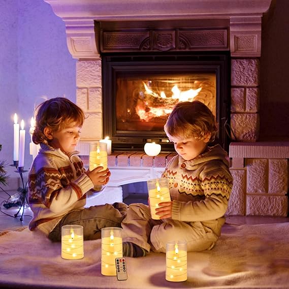 Flickering Flameless Candles, Battery Operated Candles, Recessed String Light LED Candles, Unbreakable Plexiglass Candles with Remote Timer, 3D Flame Set