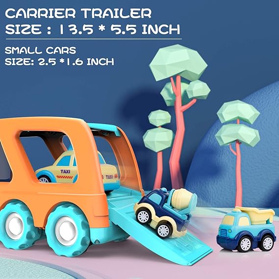 9 Pack Cars Toys for 2 3 4 5 Years Old Toddlers Boys & Girls Gift Back Trucks, Carrier Truck with Sound & Light 13.5 * 5.5 inch, 2.5 *1.6 inch