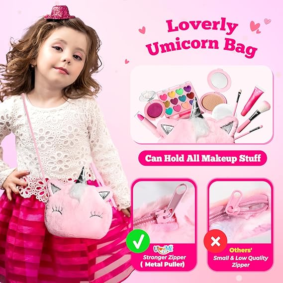 Kids Real Makeup Kit for Little Girls - Real, Non Toxic, Washable Make Up Toy - Umicorn Toys Gift for 3 4 5 6 7 8 9 10 12 Years Old Girls