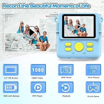 Instant Print Camera for Kids with 3 Rolls of Printer Paper, 1080P Toddler Digital Camera Toys for Age 3-12 with 32GB SD Card, Christmas & Birthday Gifts