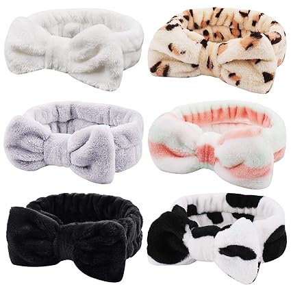 6 Pieces Bow Hair Band Spa Headband for Women Soft Coral Fleece Headband for Washing Face Terry Cloth Headband Makeup Headband Yoga Sport Headband