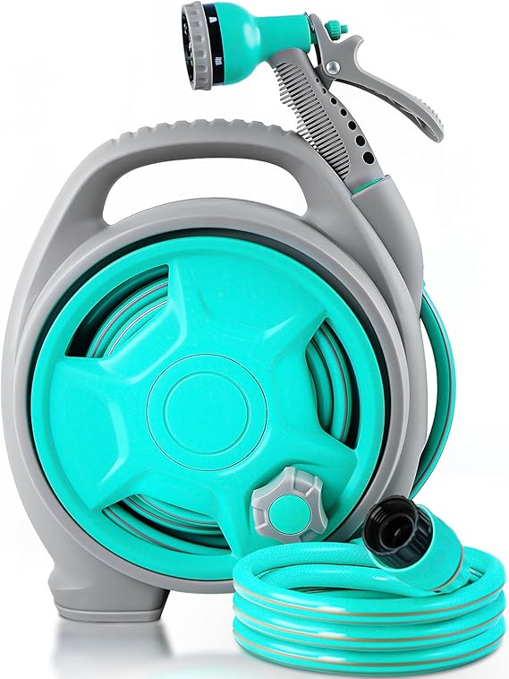 Retractable Garden Hose Reel, 50FT Garden Hose Reel for Outside, Lightweight & Portable Hose Reel with 6 Patterns Spray