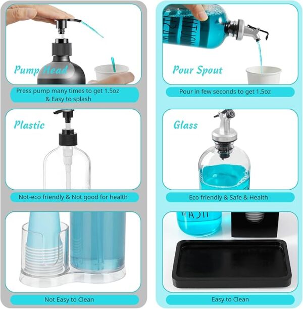 Mouthwash Dispenser for Bathroom, 16 OZ Glass Mouthwash Dispenser with Pour Spout and Wood Cup Holder and Tray,