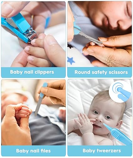 Baby Healthcare and Grooming Kit, with Hair Brush Comb, Nail Clipper, Thermometer, Pacifier Clip, Nasal Aspirator for Newborn Infant Baby Girls Boys (Blue)