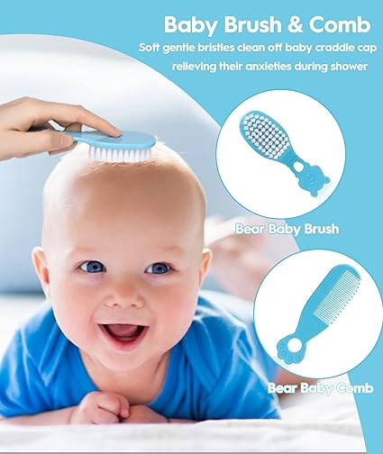 Baby Healthcare and Grooming Kit, with Hair Brush Comb, Nail Clipper, Thermometer, Pacifier Clip, Nasal Aspirator for Newborn Infant Baby Girls Boys (Blue)