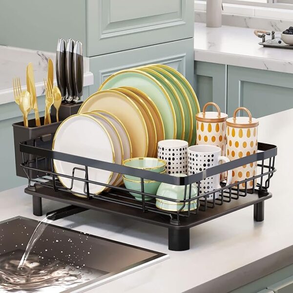 Iron Dish Drying Rack with Drainboard Dish Drainers for Kitchen Counter Sink Adjustable Spout Dish