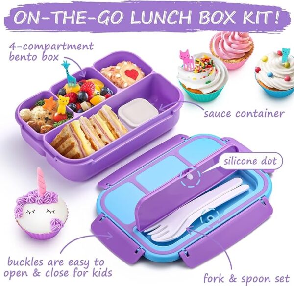 Lunch Box with 4 Compartments, Sauce Container, Utensils, Food Picks and Muffin Cups for School - Purple