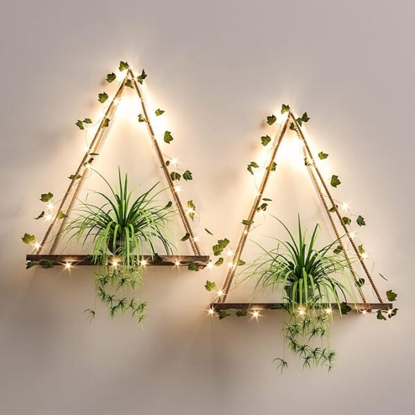 Artificial Ivy LED-Strip Wall Hanging Shelves Set of 2, Macrame Shelf for Bedroom Bathroom Living Room Kitchen, Wood Hanging Plant Shelves for Wall Décor