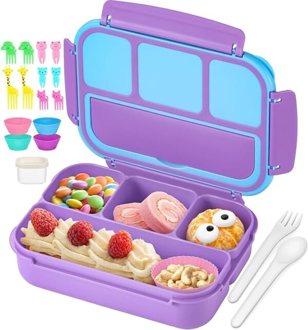 Lunch Box with 4 Compartments, Sauce Container, Utensils, Food Picks and Muffin Cups for School - Purple