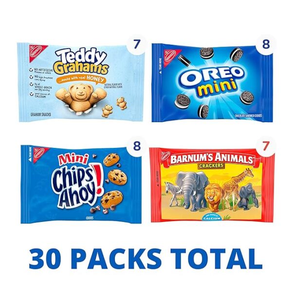 Favorites Variety Pack, OREO Mini, CHIPS AHOY! Mini, Teddy Grahams Honey & Barnum's Animal Crackers, School Snacks, 30 Snack Packs