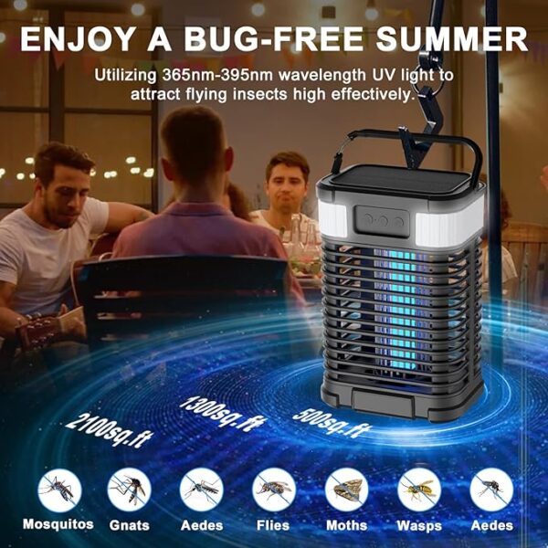 Solar Bug Zapper Outdoor Waterproof, Mosquito Zapper 2 in 1 Portable & Rechargeable Pest Control with 4000mAh Battery & LED Night Light for patio