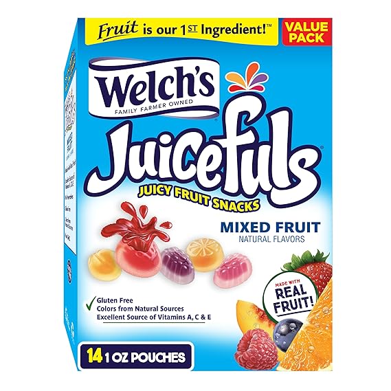 Welch's Juicefuls Juicy Fruit Snacks, Mixed Fruit, Fruit Gushers, Perfect for School Lunches, Bulk Pack, Gluten Free, Individual Single Serve Bags