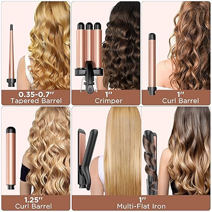 5 in 1 Wand Curling Iron-Kinked Curling Wand Set with Flat Iron Hair Straightener, 3 Barrels Hair Crimper, 3 Ceramic Curling Irons