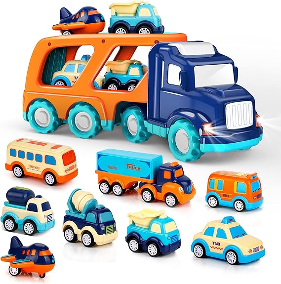 9 Pack Cars Toys for 2 3 4 5 Years Old Toddlers Boys & Girls Gift Back Trucks, Carrier Truck with Sound & Light 13.5 * 5.5 inch, 2.5 *1.6 inch