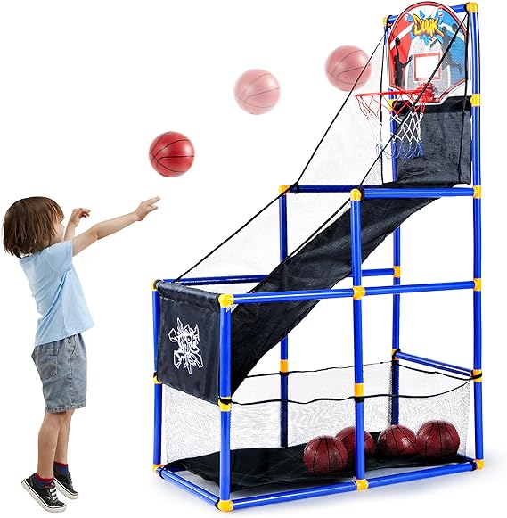 Basketball Game Set with 4 Balls and Hoop for Kids 3 to 12 Years Old Indoor Outdoor Sport Play - Easy Set Up - Air Pump Included - Ideal for Competition