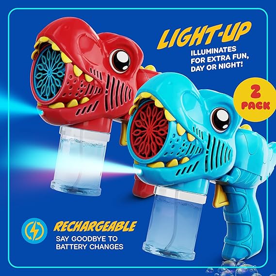 Rechargeable Dino Bubble Guns for Kids - 2 Pack - Bubbles Gun, Blaster, Blower, Maker, Machine for Boys & Girls- Cool Outdoor Toys for Toddlers - Birthday Gifts for Ages 3 4 5 6 7 8 Year Old Kid Toy