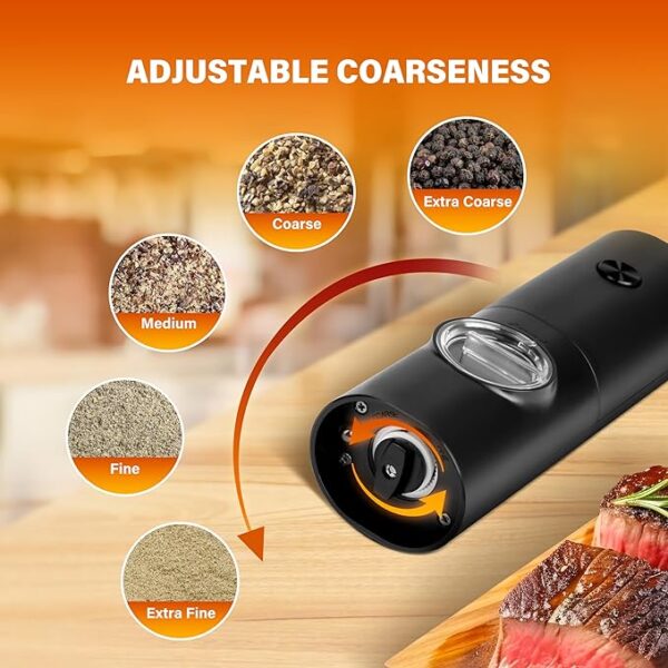 Electric Salt and Pepper Grinder Set (2 Pack), One Hand Adjustable Coarseness, Battery Powered with Stand, Seasoning Tools for Kitchen BBQ