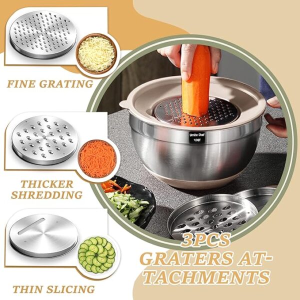 Mixing Bowls with Airtight Lids Set, 26PCS Stainless Steel Khaki Bowls with Grater Attachments, Non-Slip Bottoms & Kitchen Gadgets Set, Size 7, 4, 2.5, 2.0,1.5, 1QT, Great for Mixing & Serving