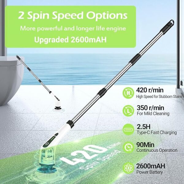 Electric Spin Scrubber, Cordless Bathroom Tub Scrubber with Long Handle & 7 Replaceable Cleaning Heads, Extension as Short Handle, Portable Power Shower Brush Household Tools for Tile Floor