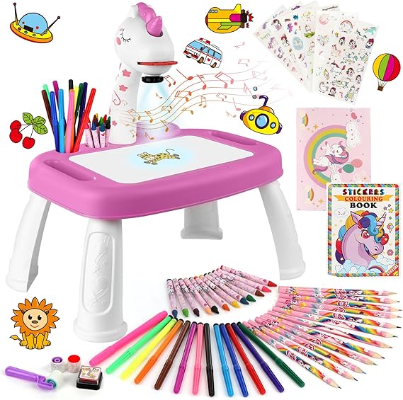 Drawing Projector for Kids, Drawing Board with Music, Color Pens, Pencils,, Ideal Toy for 3+ Year Old Girls & Boys