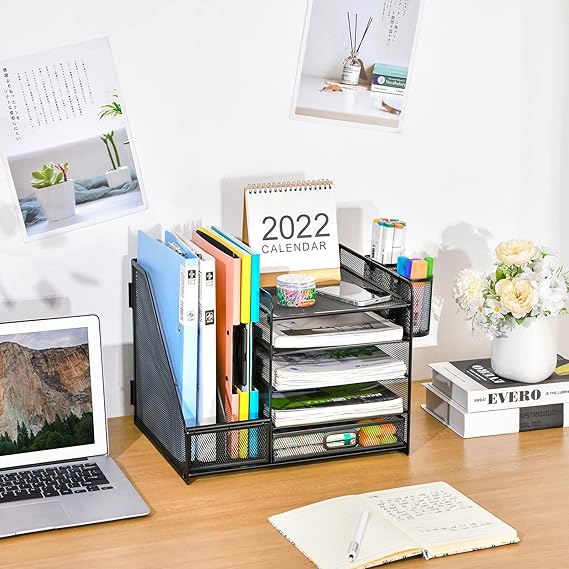 Desk Organizer with File Holder, 5-Tier Paper Letter Tray Organizer with Drawer and 2 Pen Holder, Mesh Desktop Organizer and Storage with Magazine Holder for Office