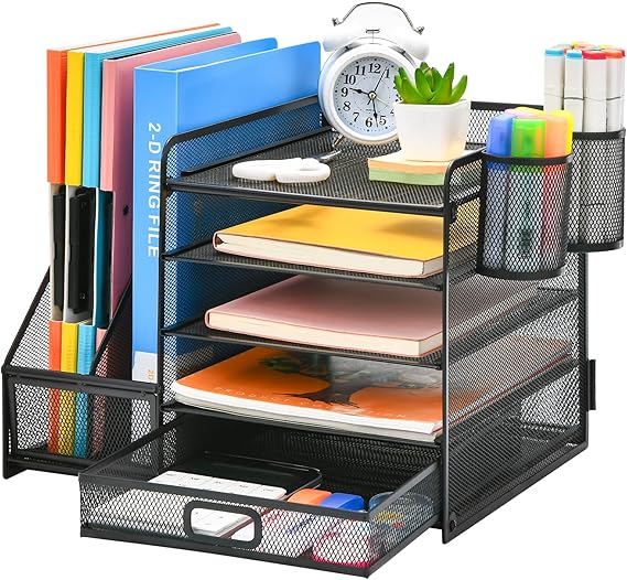 Desk Organizer with File Holder, 5-Tier Paper Letter Tray Organizer with Drawer and 2 Pen Holder, Mesh Desktop Organizer and Storage with Magazine Holder for Office